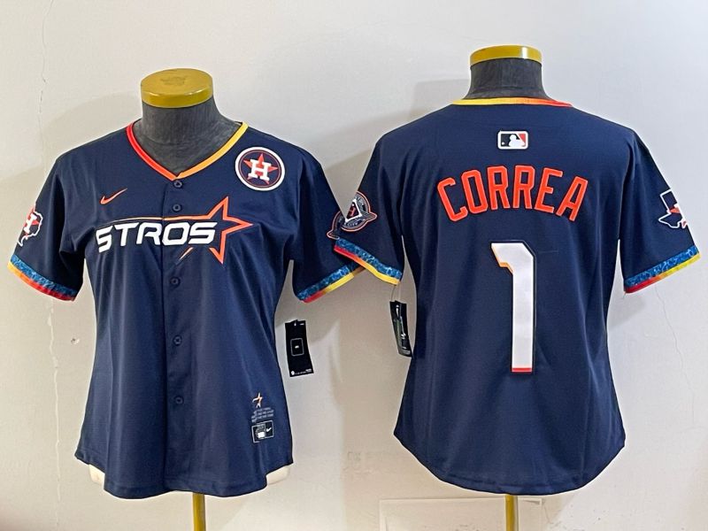 Women 2025 Houston Astros #1 Correa Blue Four generations Joint Name Nike MLB Jersey style 02